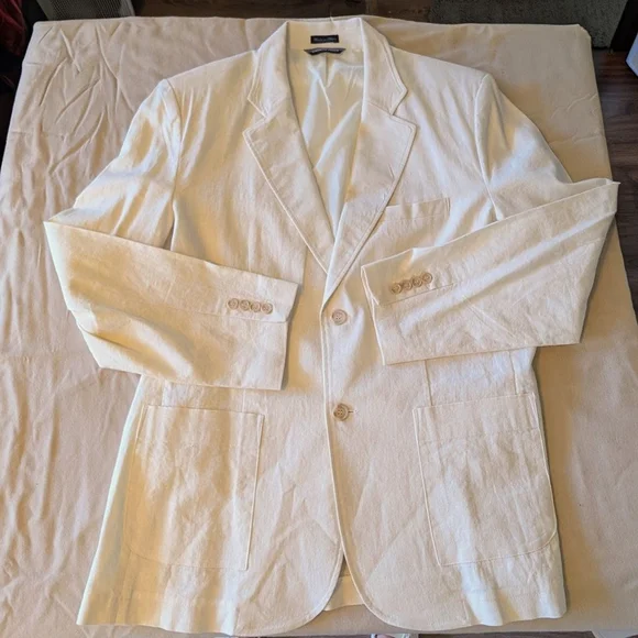 Andrew Fezza Linen Blend Blazer Cream Neutral Tailored Jacket Minimalist Coastal - Picture 9 of 15